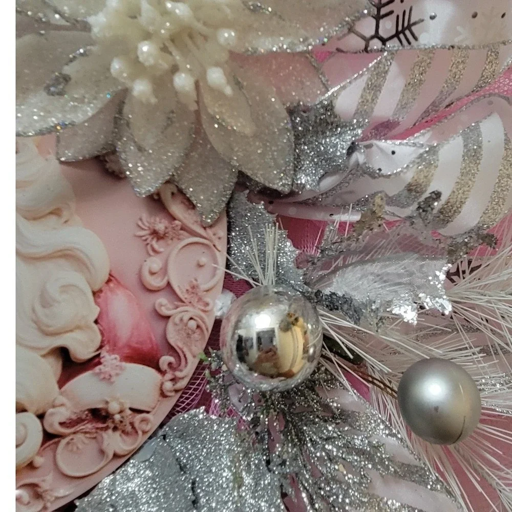 Pink silver Santa sparkle Christmas Wreath  Glitter Deco Mesh Unique Decor 24in